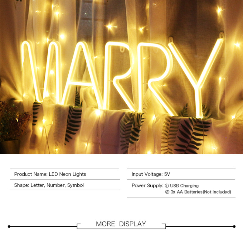 Neon Letter Detail | USB ChargingBattery Powered Wedding Decoration Custom LED Neon Letter Lights Sign Marry Me