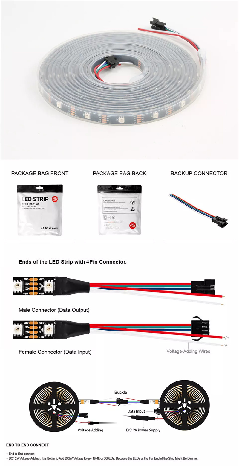 WS2815 LED pásek Connect | Digitální individuálně adresovatelný RGB 12v LED pásek WS2815 Obnovení z bodu zlomu