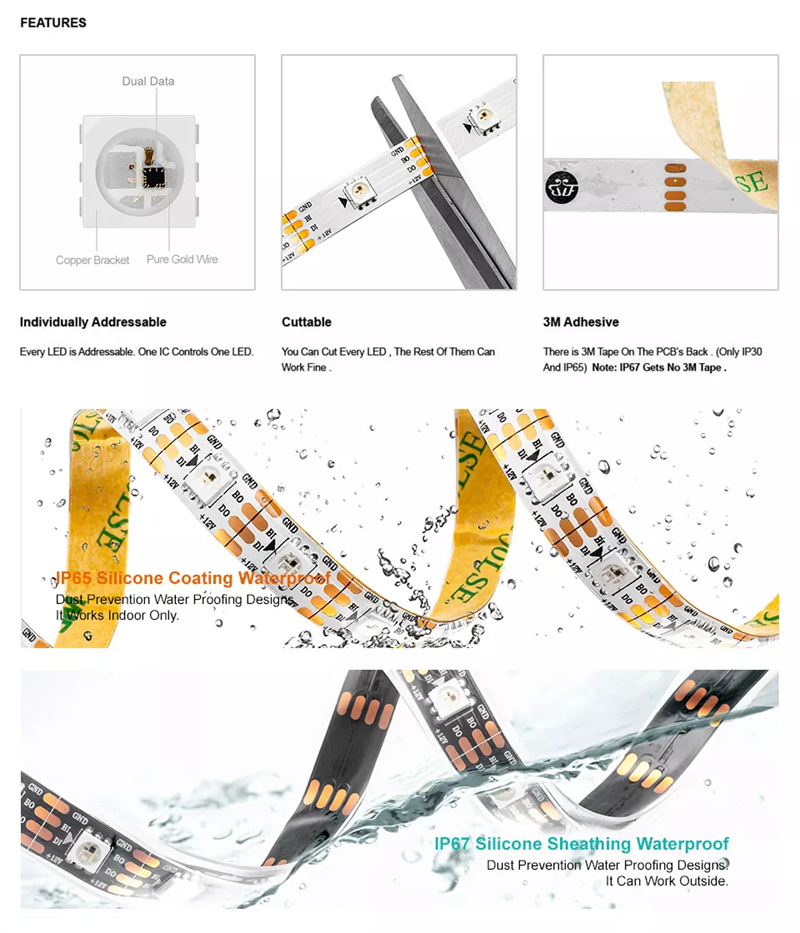 Caractéristiques de la bande LED WS2815 | Reprise de la bande LED RVB 12v WS2815 numérique adressable individuellement à partir du point d'arrêt