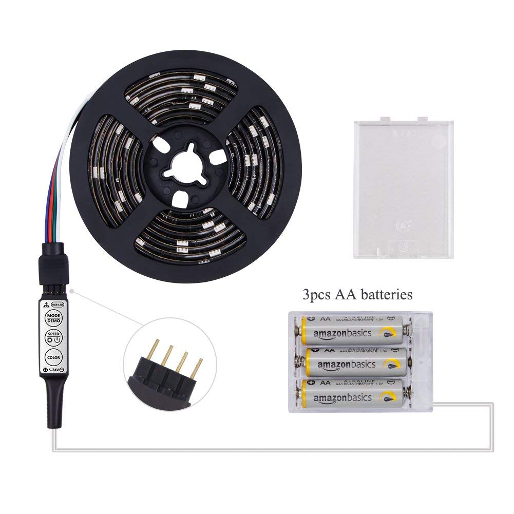 Tira de luces LED con pilas, tira de luces LED RGB con mini controlador,  impermeable, tira de luces LED con batería, luces LED que cambian de color