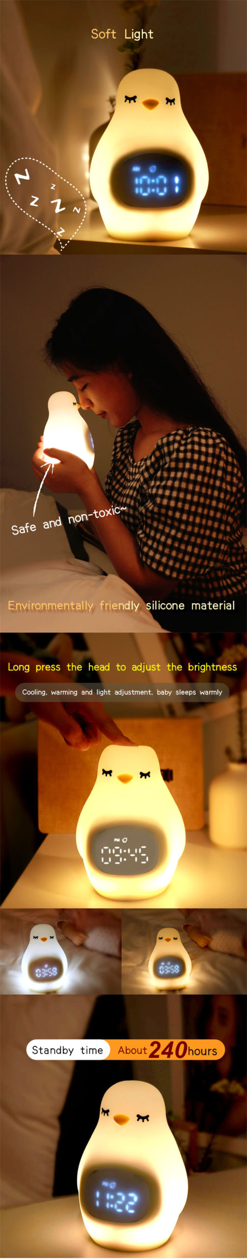 Nocna lampka budzika | Innowacyjny produkt Baby Cute penguin LED Sunrise Cyfrowy budzik z lampką nocną Sleep Trainer