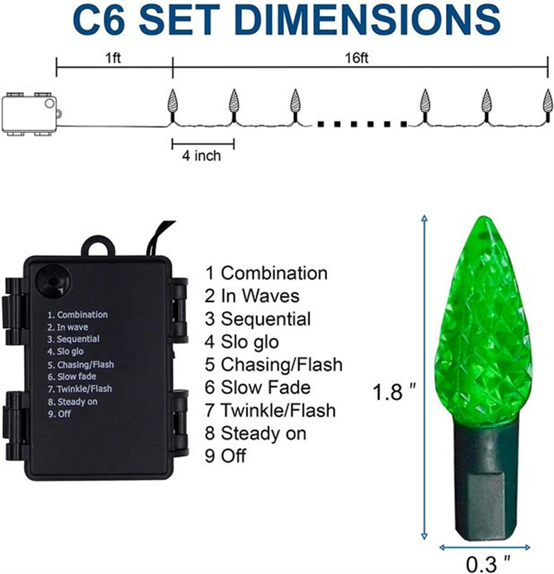 LED-C9-Glühbirne | Wasserdichte C8-LED-Weihnachtsglühbirne mit 9 Funktionen, batteriebetrieben, UL-zugelassen, 17 Fuß, 50 l, C9-Glühbirnen