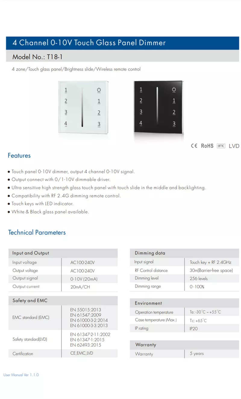 | Intelligent lysdæmpningssystem Elektrisk vægafbryder til Home Light 4 Zoner LED Strip Wall Touch Panels
