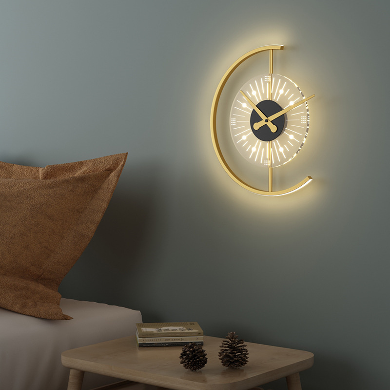 Clock Creative Wall Art | Bedroom Bedside Lamp Nordic Minimalist Copper Acrylic Wall Light with Clock Wall Lamps