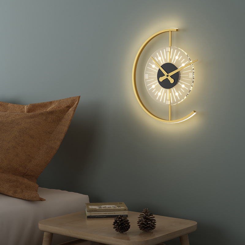 Reloj de pared creativo | Lámpara de noche para dormitorio Lámpara de pared acrílica de cobre minimalista nórdica con lámparas de pared de reloj