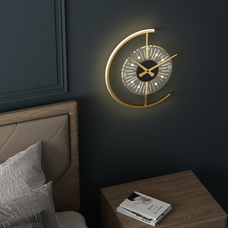 LED Wall Clock | Bedroom Bedside Lamp Nordic Minimalist Copper Acrylic Wall Light with Clock Wall Lamps