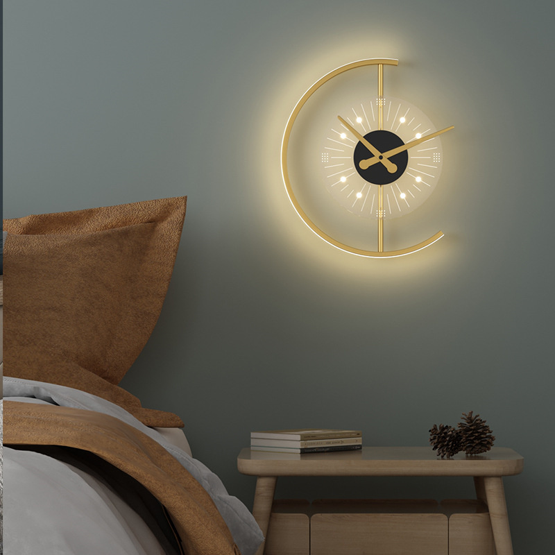 bedroom bedside lamp | Bedroom Bedside Lamp Nordic Minimalist Copper Acrylic Wall Light with Clock Wall Lamps